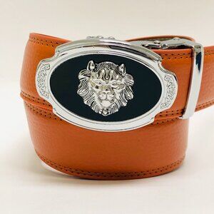 Automatic Silver Lion Designer Buckle Men's Orange Ratchet Genuine Leather Belt‎